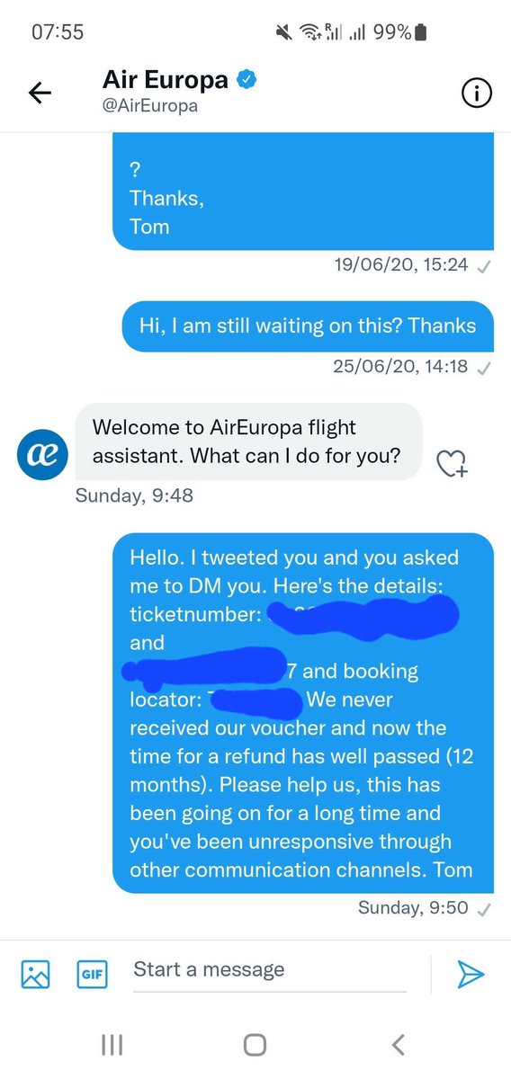 TomMooseBahron's tweet photo. @AirEuropa Hi Blanca. As you can see, I've been messaging you since 2020 about this issue. Messaged you on Sunday as requested, no reply. Awful service https://t.co/riTJ0oeMYN