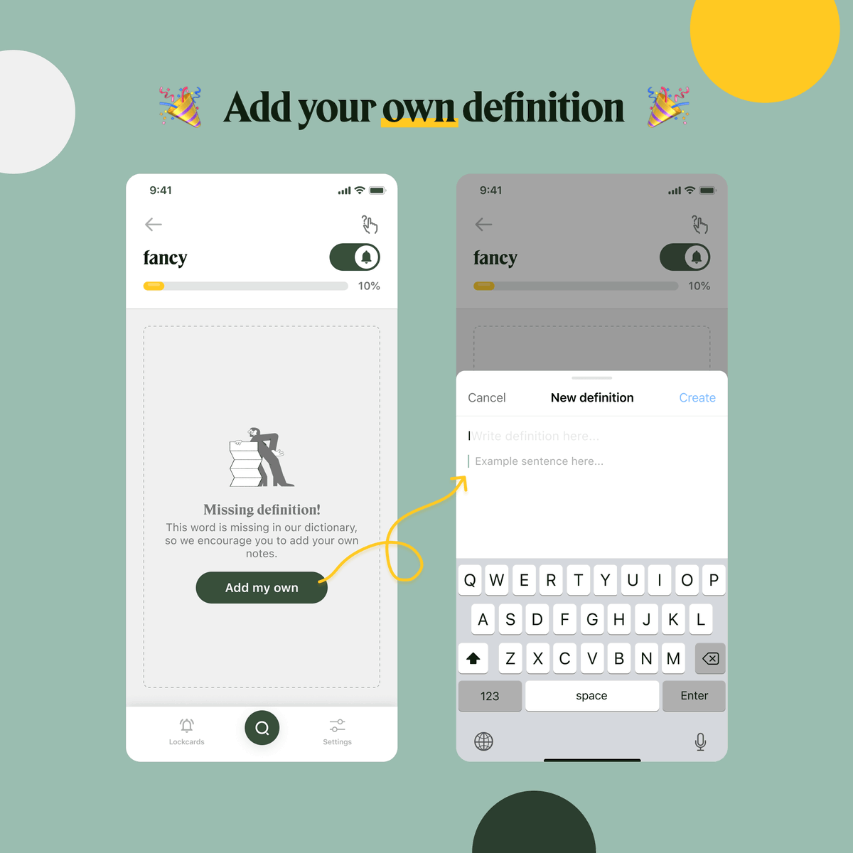 LockcardApp's tweet photo. Lockcard 2.0 is out! 🎁

You can now ✍️ add your own definitions and notes, even when we don’t have that word in our dictionary. https://t.co/nurjKITrew