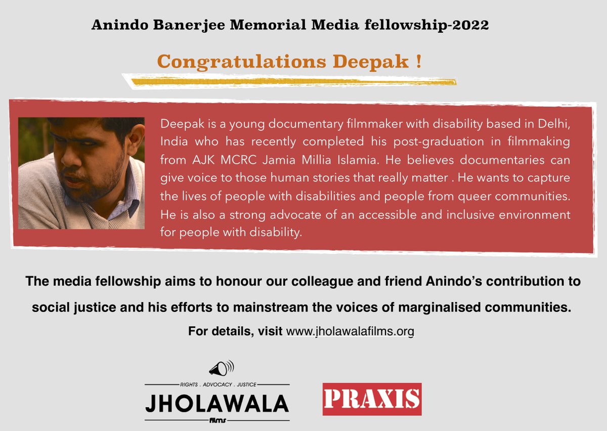 Congratulations Deepak! The winner of the first Anindo Banerjee Memorial Fellowship. It aims to honour his contribution to participation and social justice. Each year, a fellow will be selected and mentored to make a film on equity, inclusion and social justice. <a href="/praxis_india/">Praxis Institute for Participatory Practices</a>
