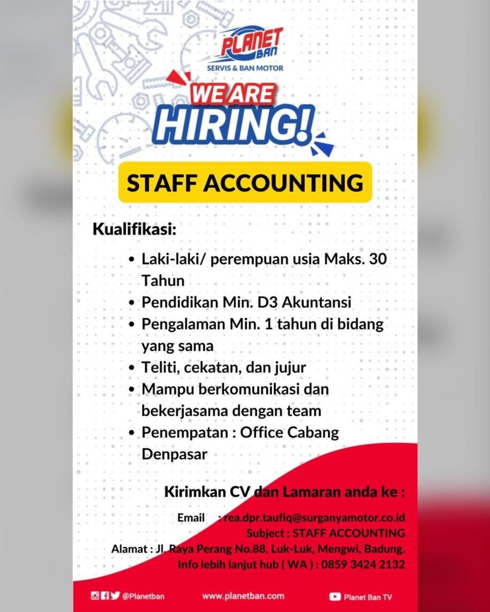 lokerbali_id's tweet photo. Lowongan Kerja Staff Accounting dan Staff ME untuk Planet Ban di Denpasar
#lokerbali #lokerdenpasar https://t.co/TKbWSHhDXk