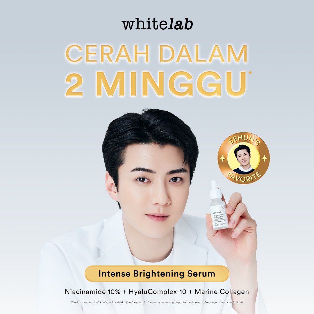 whitelab_id's tweet photo. Ini dia serum favorit Sehun yang bisa bantu cerahkan kulit dalam 2 minggu*!😍

#Whitelab Intense Brightening Serum✨
Niacinamide 10% + HyaluComplex-10 + Marine Collagen✅

*Berdasarkan hasil uji klinis laboratorium pada subjek uji Indonesia

#WhitelabXSehun #ScientistGanteng https://t.co/fs2GtCjTgt