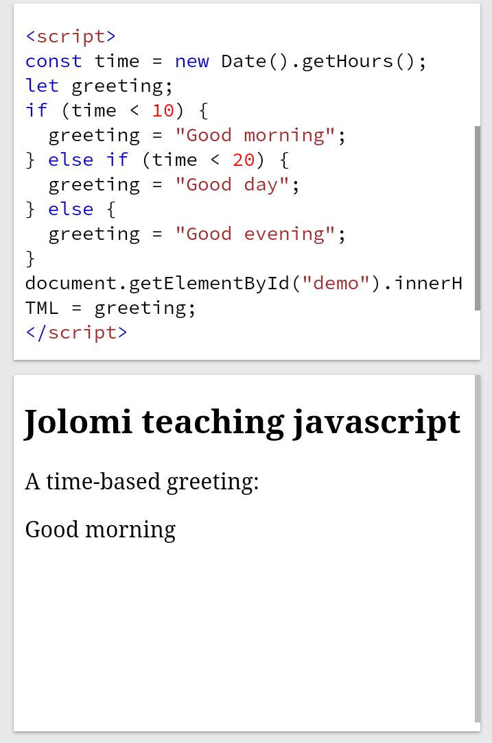 jolomidudu's tweet photo. Dropping a little #javascript tip. #technology #100daysofcode #heatwave #menwhocode #lagosdeveloper.. this code is meant to check the actual time and greet based on the condition for which to great โบ๏ธ๐ #js #code https://t.co/PwKOF0tlnr