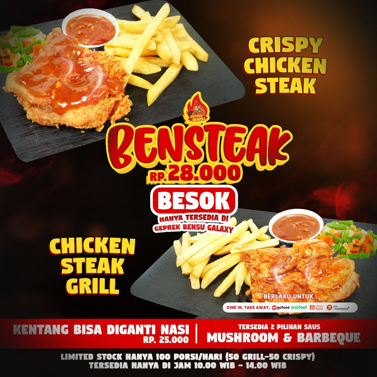 RealGeprekBensu's tweet photo. ❗LIMITED STOCK❗
Hanya di Geprek Bensu Galaxy

BENSTEAK siap kamu nikmati mulai besok🤩🤩

Ingat ya :
*Stocknya terbatas...
*Siapa cepat dia dapat..
*Hanya dari jam 10.00-14.00 wib

#geprekbensu #bensteak #steak
#menuspesial #spesial #limited #mushroomsaus #baberquesaus #opp https://t.co/e5F4tcmv2z
