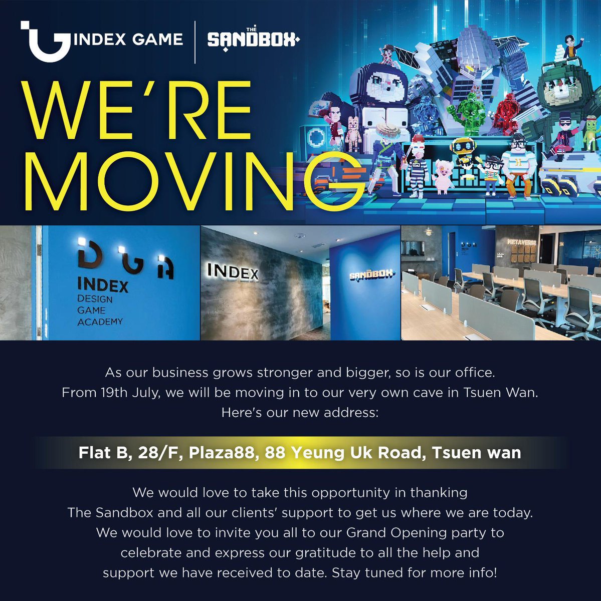 Indexgamehk's tweet photo. We are moving 🥳🥳🥳
Better environment Better works 😎💪
Thank you @borgetsebastien & @TheSandboxGame
& our advisor @ArtofBlock 🥰🥰
We will keep moving forward 😆
#Metaverse #NFTCommunity #SANDFam #INDEXFam https://t.co/c1nGanPe4w