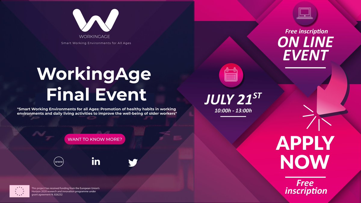 WorkingAge Project (@workingage_eu) on Twitter photo Countdown! Only 2 days left for Final <a href="/Workingage_EU/">WorkingAge Project</a> Event: "Smart Working Environments for all Ages: Promoting healthy work environments and activities of daily living to improve the well-being of older workers". Don't miss it, 21 July at 10:00 online.
👉inscribirme.com/smartworkingen… Countdown! Only 2 days left for Final <a href="/Workingage_EU/">WorkingAge Project</a> Event: "Smart Working Environments for all Ages: Promoting healthy work environments and activities of daily living to improve the well-being of older workers". Don't miss it, 21 July at 10:00 online.
👉inscribirme.com/smartworkingen…