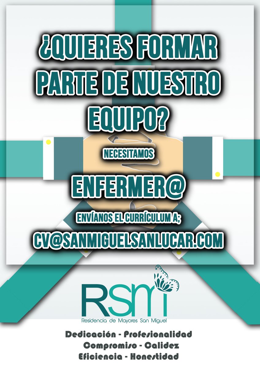 ¿Quieres #Trabajar y ser parte del #EquipoRSM
<a href="/RESIDENCIARSM/">Residencia S. Miguel</a>?Necesitamos ampliar #Equipo de #Enfermería #Due
Envía #curriculum a cv@sanmiguelsanlucar.com
#EmpleoSe #mayores #AlertasTrabajo #AlertasEmpleo #trabajo #empleo #DUE #enfermero #enfermeras #FelizMartes #Sevilla