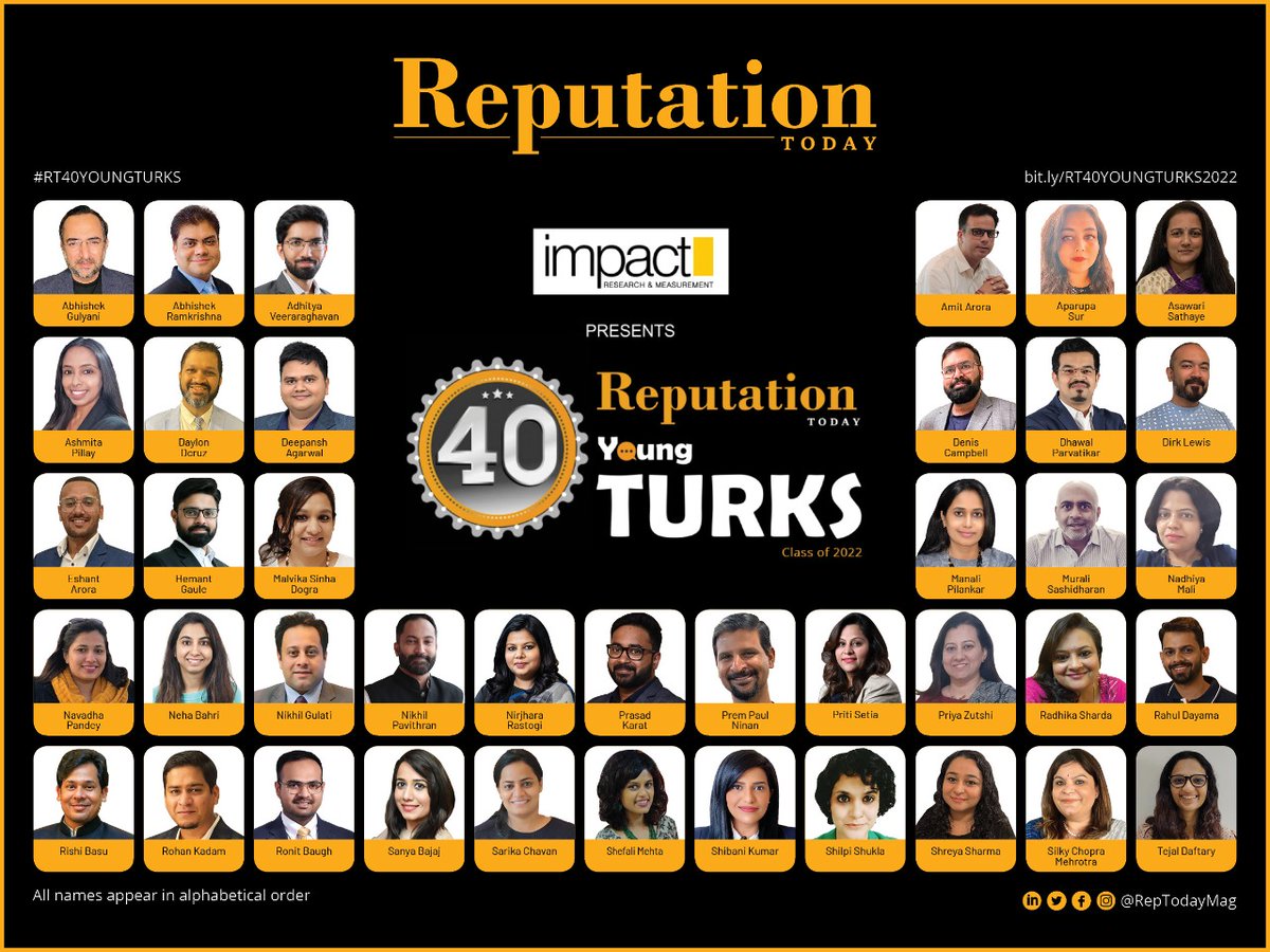 RepTodayMag's tweet photo. The #RT40YOUNGTURKS presented by @IRMPL is a definitive list of young women and men from Indian Public Relations & Corporate Communications who are transforming the business of #PublicRelations.
https://t.co/P1NQiX777t https://t.co/hqeVOlo4en