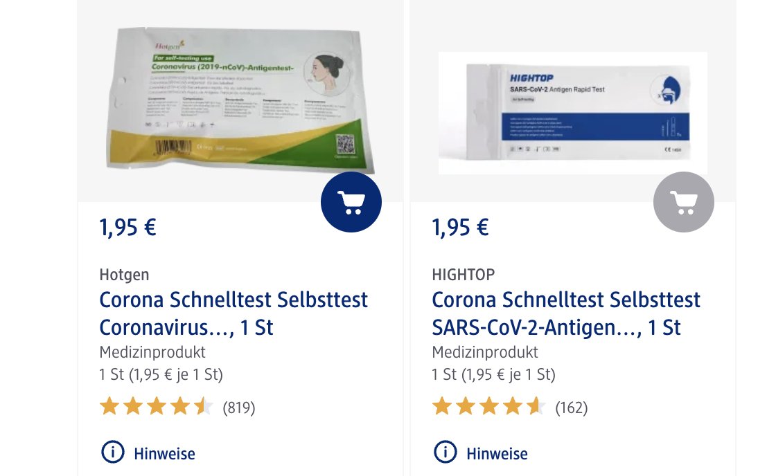 In the US, rapid tests like the BinaxNOW still cost $24 for a 2-pack. 

In Germany, you can buy a rapid test for $2. dm.de/gesundheit/cor…