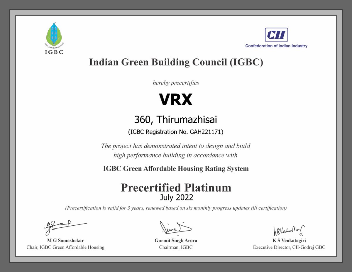 vijayrajahomes's tweet image. We are pleased to announce that our Chennai's Iconic Project #VRX360 is #IGBCPLATINUM Certified now.

#VRX360 #Thirumazhisai #smarthome #homeautomation #VijayRaja #Green #natureconnection #IGBC #Platinumcertified #cmda #reraapprovedproject