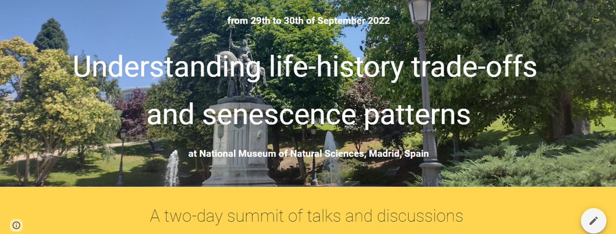 JOIN US! Scientific meeting on life history trade-offs &amp; senescence patterns. Madrid,29-30th Sept. Limited on-site attendance! Registration already open (also online)! MORE INFO➡️  
sites.google.com/view/senescenc…
Happy to organize this initiative along with <a href="/Christina_Bauch/">Christina Bauch</a> <a href="/liss_ael/">Elisa P. Badas</a>