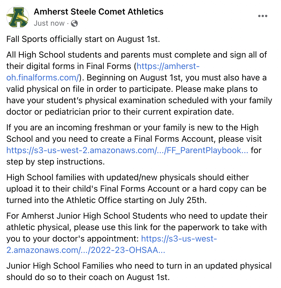 Fall Sports Officially Start on August 1st. Please see the  message below.

Here are the Links in the Message:
Final Forms Link: amherst-oh.finalforms.com
FF Instructions Link: s3-us-west-2.amazonaws.com/sportshub2-upl…

AJH Physical Packet Link: s3-us-west-2.amazonaws.com/sportshub2-upl…