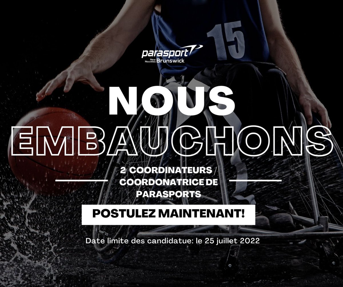 We're Hiring!! Has sport made an impact in your life? Come join our team and help change more lives through sport!

Nous embauchons!! Le sport a-t-il eu un impact sur votre vie? Rejoignez notre équipe et changez la vie des autres grâce au sport. parasportnb.ca/News/job-paras…