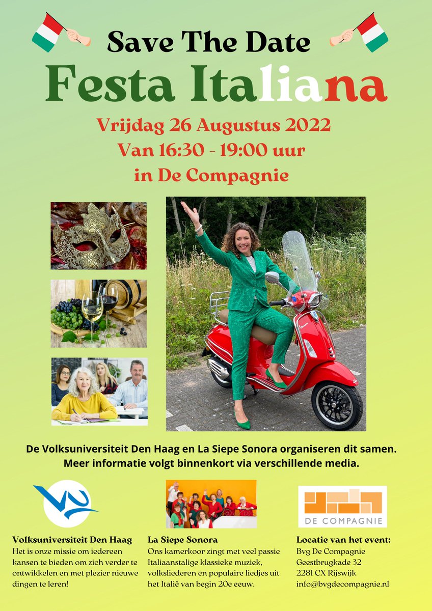 Hou je ook zo van Italiaanse gezelligheid? Noteer dan onze 'Festa Italiana' alvast in je agenda! Een mooie samenwerking met de Compagnie en La Siepe Sonora. Met optredens, (taal)workshops en een Italiaanse markt!
ap.lc/SWT4k
#Italie #taalcursussen #lerenvoorjeplezier