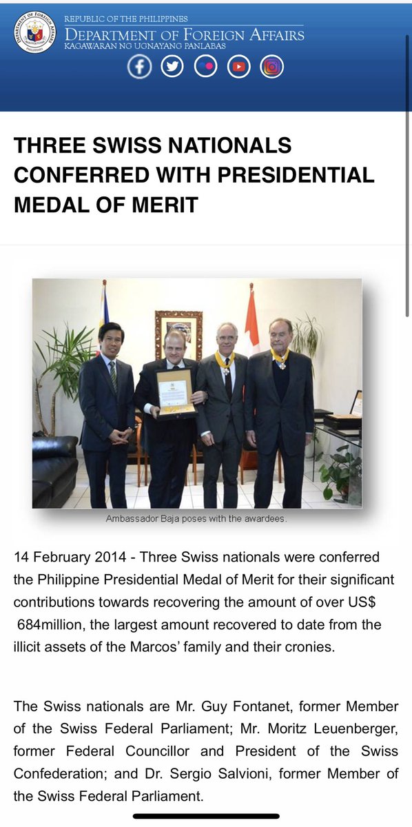 For Filipinos: it was <a href="/nicksalvion/">Niccolò Salvioni</a>’s late father Sergio Salvioni who was the @TheNewPCGG’s original 1986 and 2002-2004 lawyer in Switzerland when we finally recovered $680M in Marcos Swiss assets. He truly deserved this 2014 honor from the Philippines: bit.ly/3Plq2Lz