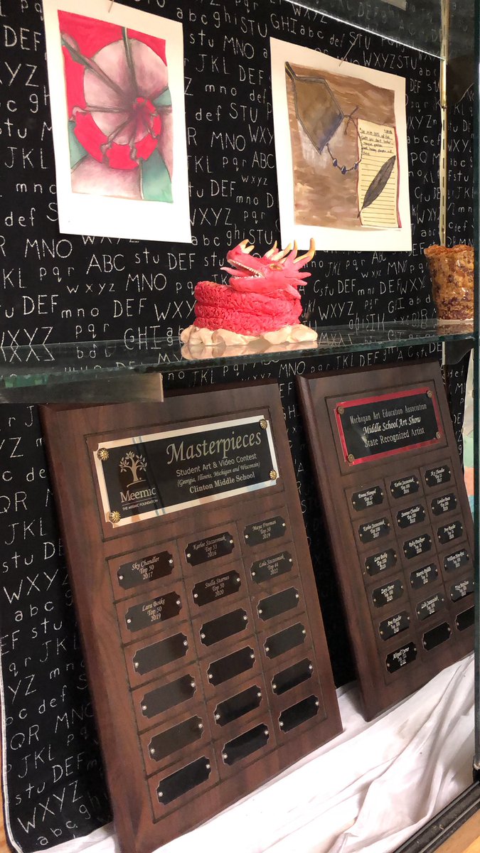 Our display case has some new hardware! I am so thankful to my students who enter available competitions and to <a href="/Meemic/">Meemic</a> for donating our newest plaque!
Thank you for support the arts <a href="/CCSredwolves/">Clinton Community Schools</a> <a href="/CMSredwolves/">Clinton Middle School</a>!