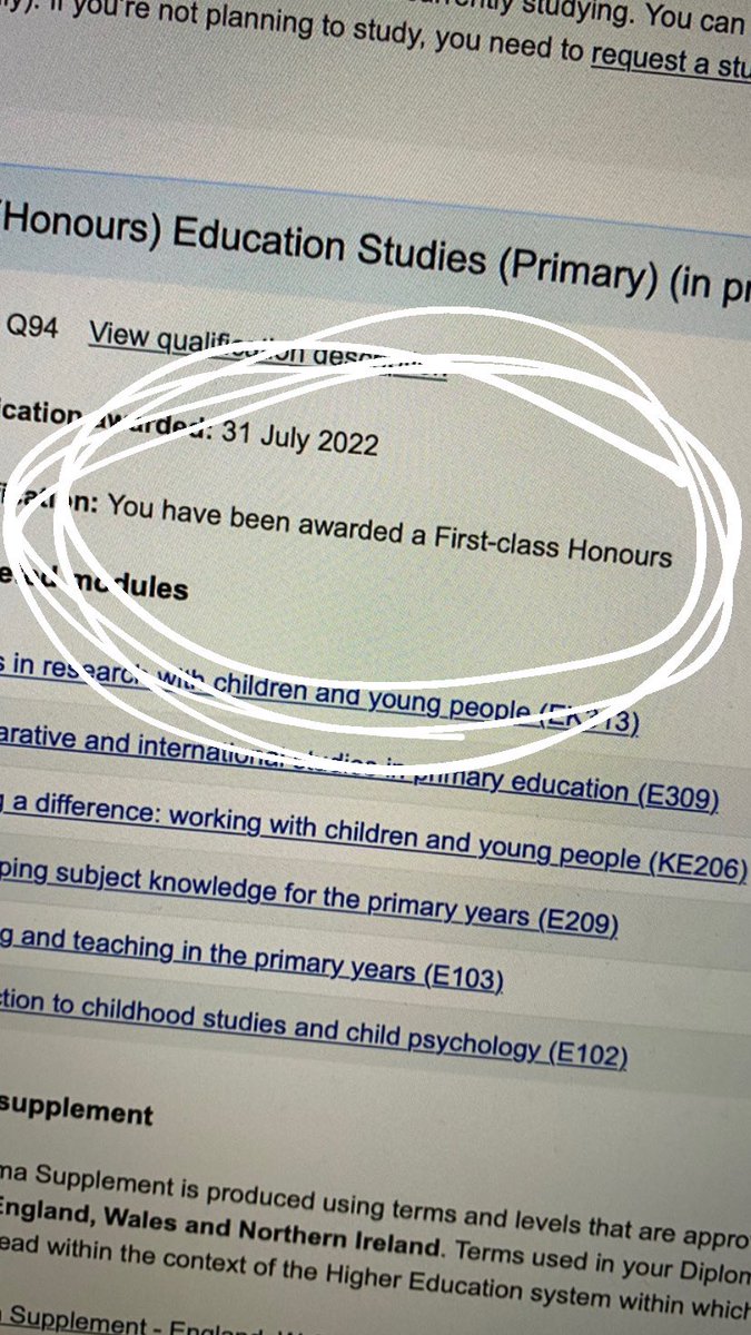 I GOT A FIRST CLASS HONOURS 😭😭 5 years of study whilst working full time, continuing through a pandemic and planning a wedding!! @OpenUniversity #ouresults @OU_EdPrimary IM SO PROUD OF MYSELF!!! 😭😭😭 been happy crying for 30 minutes 😭😭