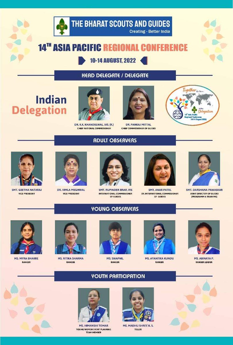 BSGTripuraState's tweet photo. Meet the Indian Delegation for the 14th Asia Pacific Regional Conference 🥳⚜️ 

| Together we Thrive | 🌍 10 - 14 August, 2022 

#bsgindia #WAGGGS #regionalconference #youths #womenpower https://t.co/xNA7GGpDLB