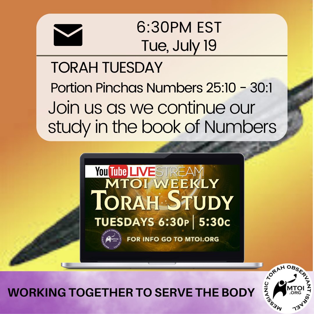 MTOIworldwide's tweet photo. Link - https://t.co/SYZSxwcH86
Welcome to our weekly Torah Study, aka Torah Tuesdays. This week's Parsha is Pinchas, Numbers 25:10- 30:1
#Pinchas #Torah #torahstudy #torahtuesday #Yahweh #Yeshua #Elohim #Messiah #messianic #torahobservant #mtoiworldwide #clevelandtn #Mishpocha https://t.co/EMNdJz2rs2