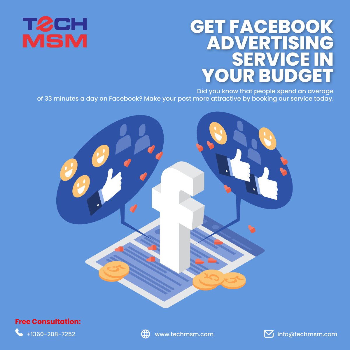 TechMSM1's tweet image. Did you know that people spend an average of 33 minutes a day on Facebook? Make your post more attractive by booking our service today.
#techmsm #people #facebookadvertising #facebookadscampaign #digitalmarketing #mobileappdevelopment #webdevelopment