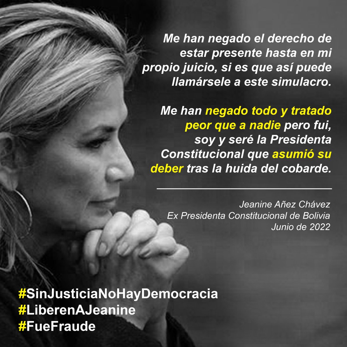 JeanineAnez's tweet photo. 493 días del atentado contra la libertad de la ex Presidenta Constitucional de Bolivia #JeanineAñez. 493 días que la tienen secuestrada como #PresaPolítica por delitos inventados para encubrir fraude electoral, abandono de funciones y huída vergonzosa del país de sus carceleros. https://t.co/4fqr9db5P4