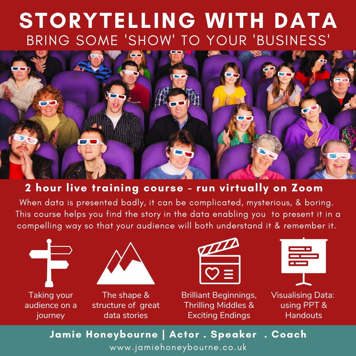 NEW WORKSHOP! I am delighted to offer a new two hour live seminar on bringing data to life through storytelling. Get in touch if you would like to organise a session for your team or join me for a public 'open house' class or if you would just like to know some more.