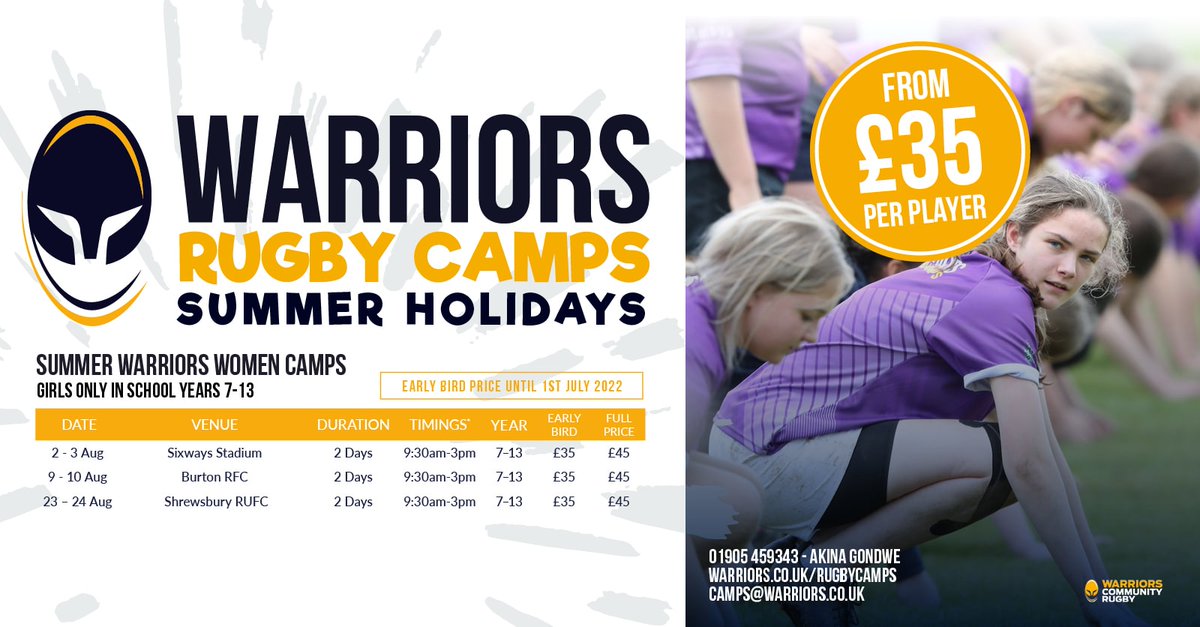 🏉 WARRIORS SUMMER RUGBY CAMPS 🏉

Don't forget to book onto our Warriors Rugby Camps this summer! 🤩
Time is running out to book onto our Alcester and Bridgnorth Camps taking place next week!!! 🕐🕐🕐

#warriorsfamily #worcesterwarriors #womensrugby  #summerrugby #rugbycamp