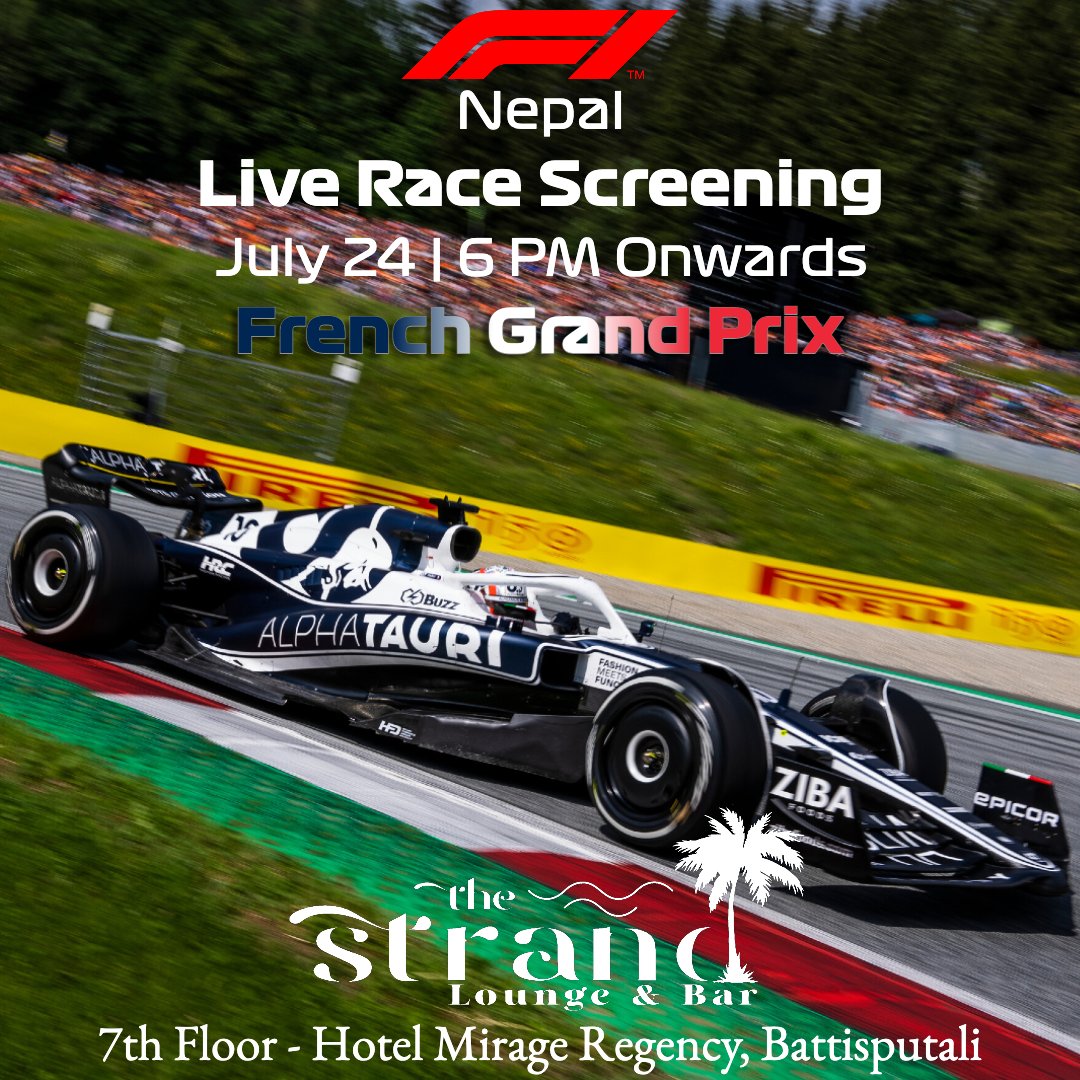 F1Nepal's tweet photo. 📢 French Grand Prix Live Screening! 🇫🇷🏎️🏁

We will be Live Screening the Grand Prix this Sunday evening at The Strand, Battisputali. Join us for some spectacular F1 racing, accompanied with the best food and drinks 🍻!

FREE ENTRY!!!

#F1Nepal #F1 #Nepal #FrenchGP #F1Screening https://t.co/laGxVENVin