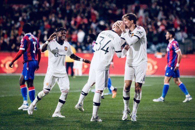 United celebrate our third goal against Crystal Palace.