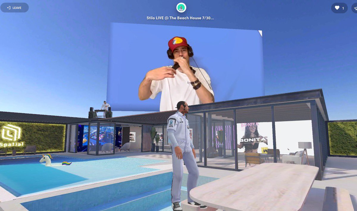 STILOWORLD's tweet photo. Stoked to be ROCKIN’’ in our new @M2Studio_vr metaverse influencer beach house. 🌊☀️  a theatre, rooftop deck, podcast station, pool AND jacuzzi!  🌅✨👩‍🚀✨💦  @Spatialxr https://t.co/UBbQOLNkBQ