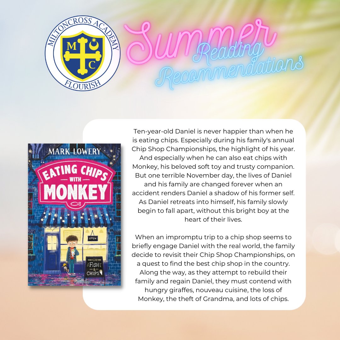 MiltoncrossAcad's tweet photo. Our Library has picked out a list of books for our #SummerReadinRecommendations!
First up is #EatingChipsWithMonkey by #MarkLowery. https://t.co/o6DDWnEGyq