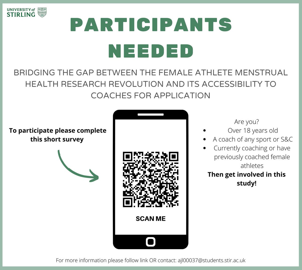 FINAL CALL TO ALL SPORT AND S&amp;C COACHES! 

If you coach female athletes please complete this survey and share with your networks to support my research exploring how we can improve our support of female athletes menstrual health. 

stirling.onlinesurveys.ac.uk/bridging-the-g…