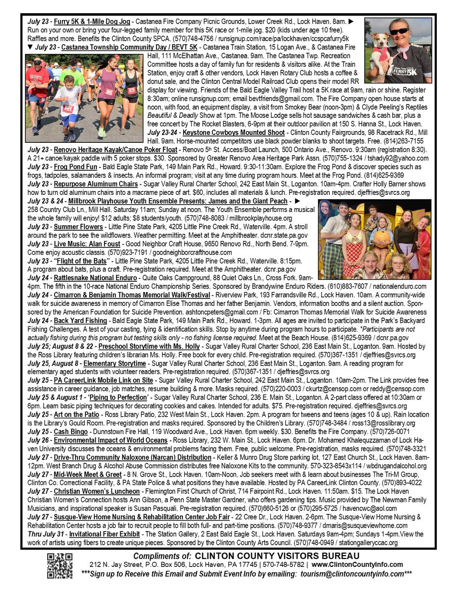 ClintonCountyPA's tweet photo. Hi, fans of Clinton County! Attached is this week’s “What’s Happening” flyer! Please print, post and share. For a full Calendar of Events, visit our website at https://t.co/772rVwWwb4. We also have event info on our Explore Clinton County, PA Facebook page. https://t.co/S2Ylh0x2Uw