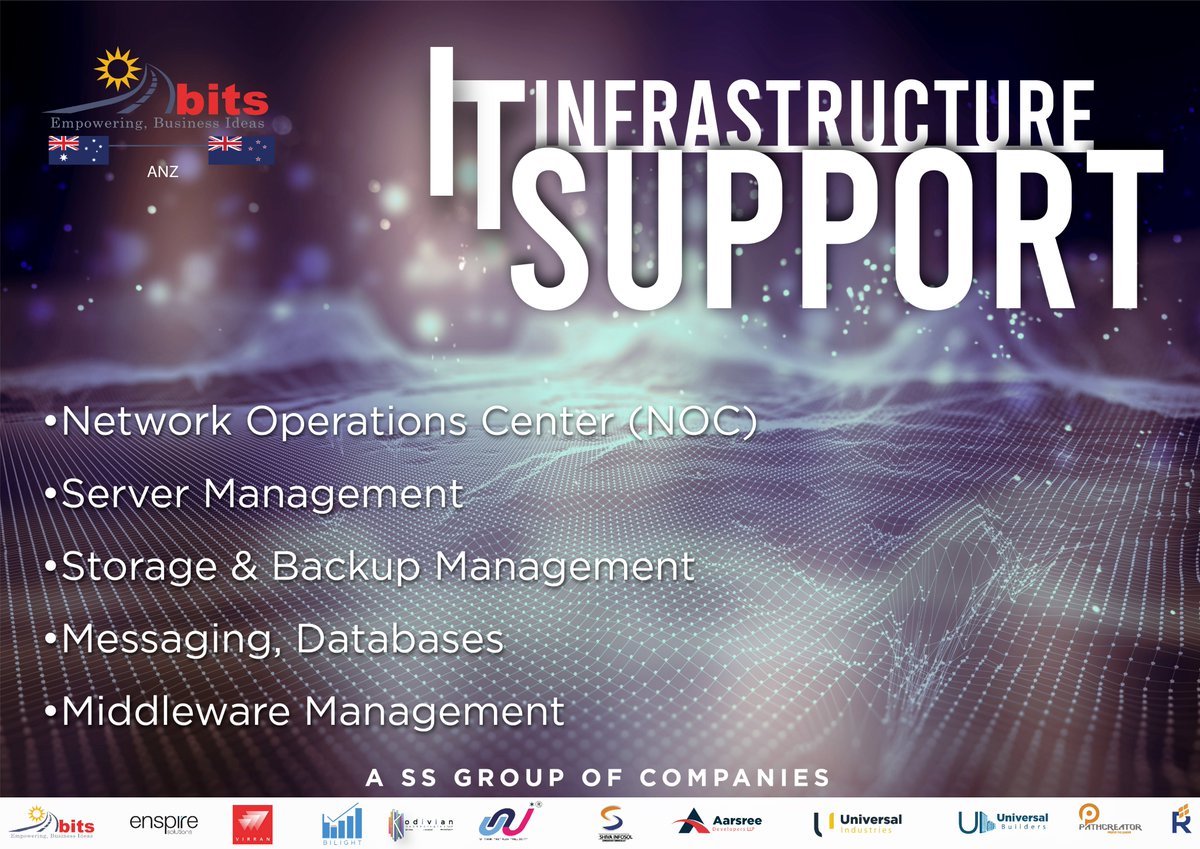 AbitsAnz's tweet image. IT Infrastructure Support 

•Network Operations Center (NOC)
•Server Management
•Storage &amp;amp; Backup Management
•Messaging, Databases 
•Middleware Management

#appsbusinessitsolution #ABITS #itinfrastructuresupport #management #network #infrastructure #NOC #ServerManagement
