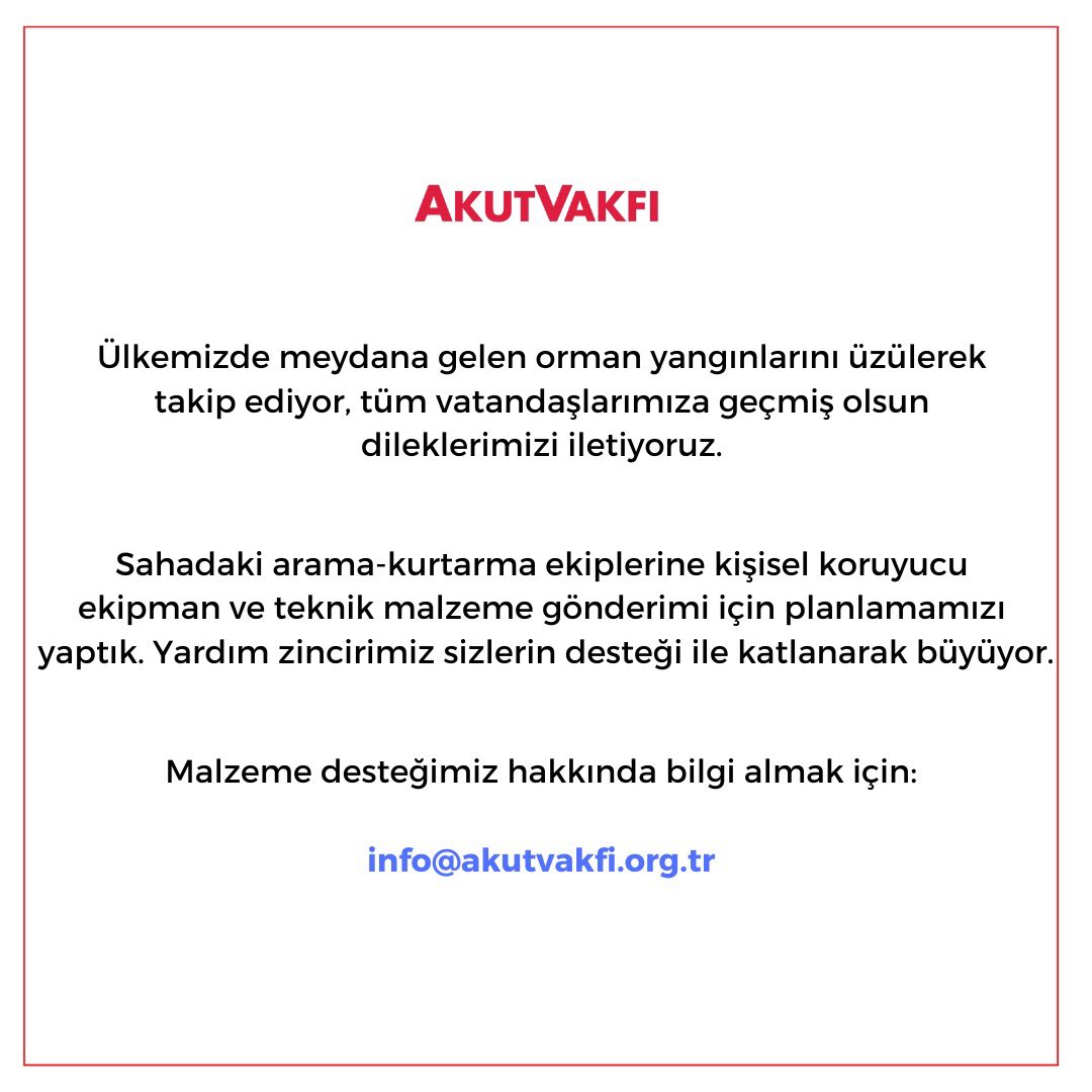 Ülkemizde meydana gelen orman yangınlarını üzülerek takip ediyor, tüm vatandaşlarımıza geçmiş olsun dileklerimizi iletiyoruz. 

Sahadaki arama-kurtarma ekiplerine kişisel koruyucu ekipman ve teknik malzeme gönderimi için planlamamızı yaptık.