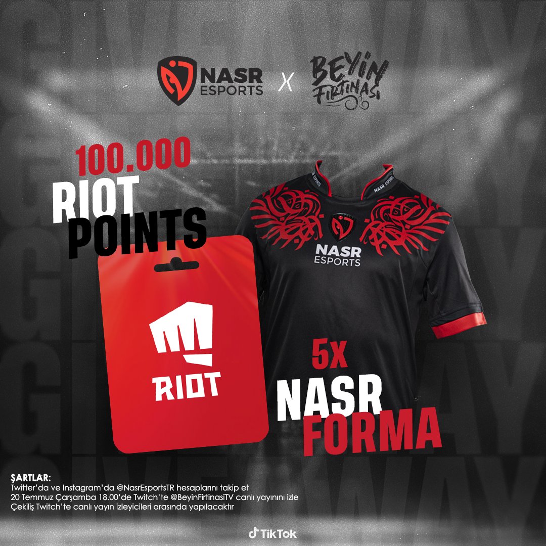NasrEsportsTR's tweet photo. ÇEKİLİŞ 🎉
100.000 RP ve 5x NASR Forma Hediye Ediyoruz!

20 Temmuz Çarşamba günü 18.00'de Twitch'te konuk olduğumuz @beyinfirtinatv canlı yayınını izle, 50x 2000 RP veya 5x NASR Forma kazanma şansını yakala!

Katılım şartları bu tweetin altında 👇🏻 https://t.co/9uRPLIyaOi