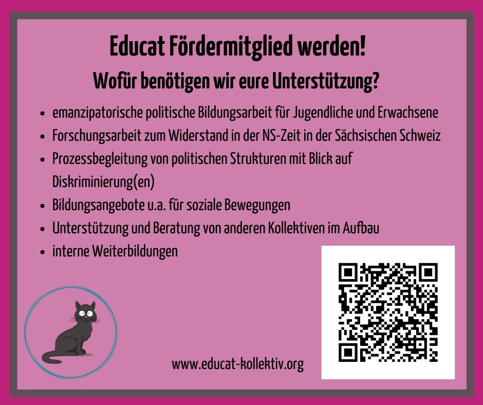 Aktuell suchen wir Menschen, die unsere Arbeit als Fördermitglied unterstützen - wofür wir die Unterstützung benötigen haben wir euch hier mal aufgeschrieben! Mehr Infos zum Thema Fördermitgliedschaft gibt es hier: educat-kollektiv.org/werde-als-foer… #Educat #Bildungsarbeit