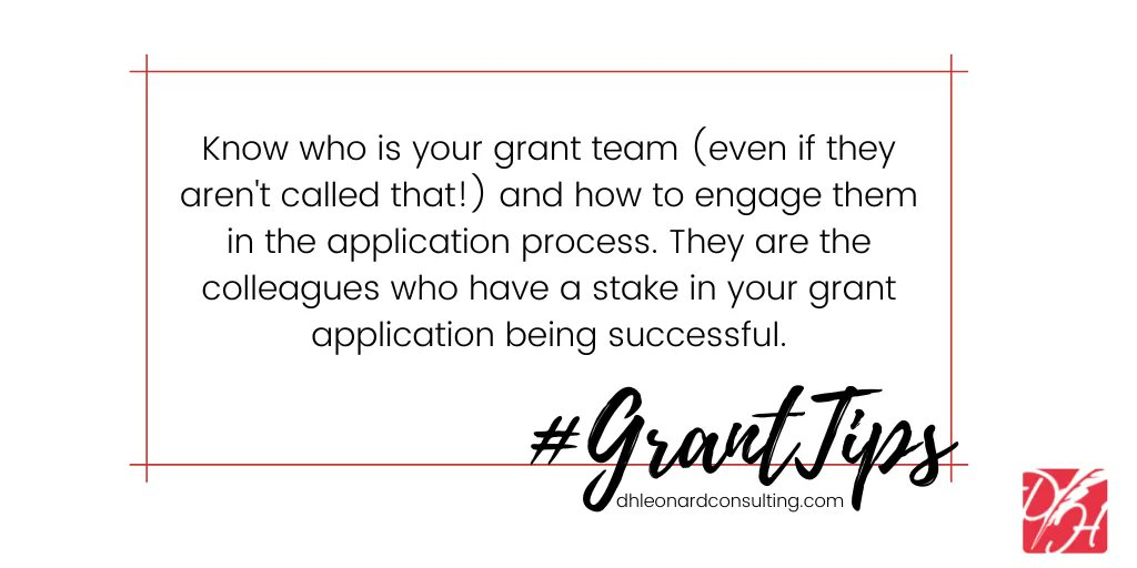 dhlconsult's tweet photo. Know who is your grant team (even if they aren't called that!) and how to engage them in the application process. They are the colleagues who have a stake in your grant application being successful.
#GrantTip #GrantWriting #GrantTeam https://t.co/q0RkOR0m80