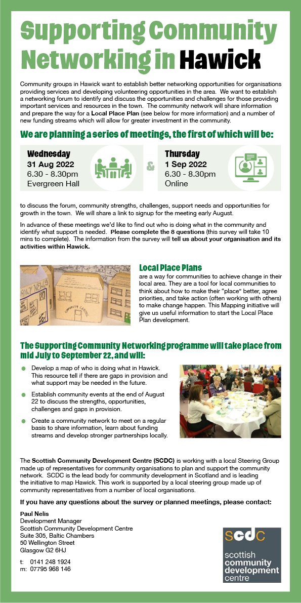 We're supporting the development of a community network in Hawick to discuss funding opportunities, establish support needs, provide training and information and involve less-heard groups.

Find out more and get involved - and please share! 😃📣

scdc.org.uk/hawick