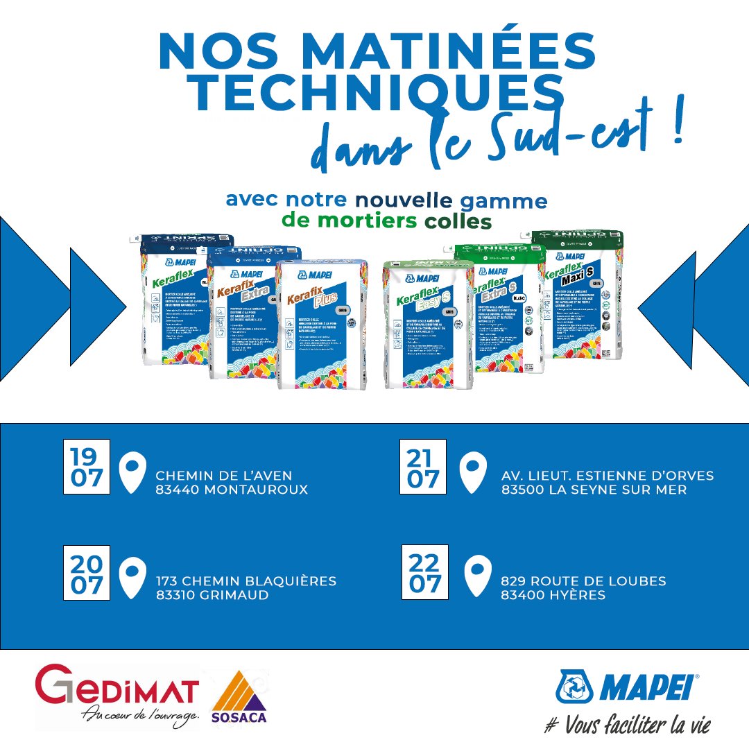 [#PROCHEDEVOUS]
▶ RDV cette semaine lors de nos matinées techniques dans le Sud-est : une semaine au ❤ de Gedimat, au cœur de l'ouvrage. 🗓 Retenez bien les dates ! [19/07 > 22/07] #mapeifrance #prochedevous #mortierscolles