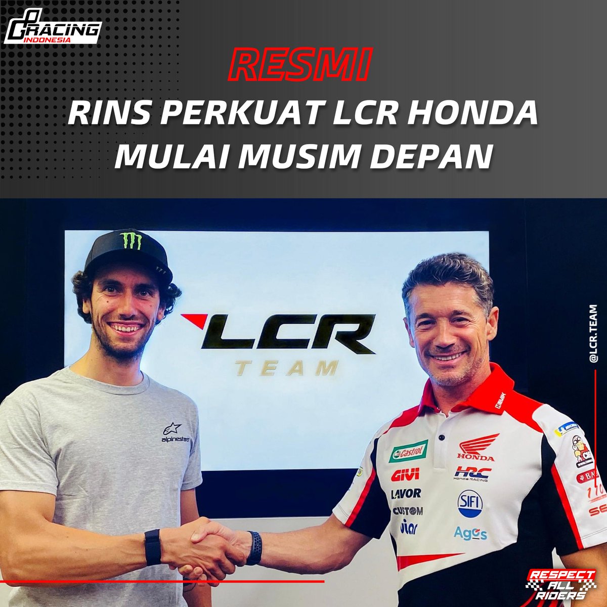 gpracing_id's tweet photo. RESMI
@Rins42 ๐ค @lcr_team & HRC 2023-2024
#GPRacingIndonesia #GPRI #MotoGP #MotoGPIndonesia #MGPI #RespectAllRiders #lcr #honda https://t.co/fdQ2bxaiJu