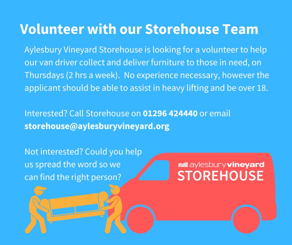We're looking for someone to join our Storehouse team. Could you help? 

#aylesbury #aylesburyvale #deliverydriver #delivery #foodbank