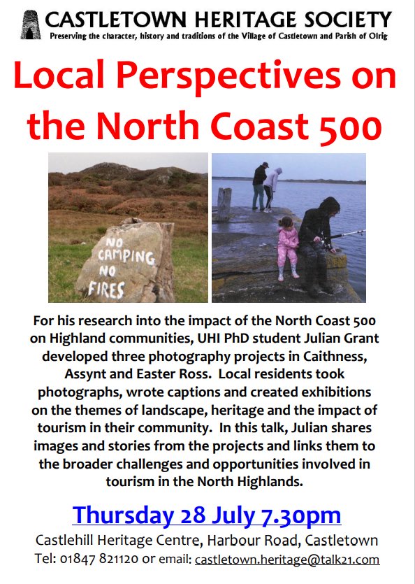 A heads up to #Caithness folk… I’ll be giving a talk about my research at Castlehill Heritage Centre in Castletown next Thursday stay (28 July) at 7:30pm. Looking forward to sharing insights from my work in communities around the NC500. Please come along and spread the word!