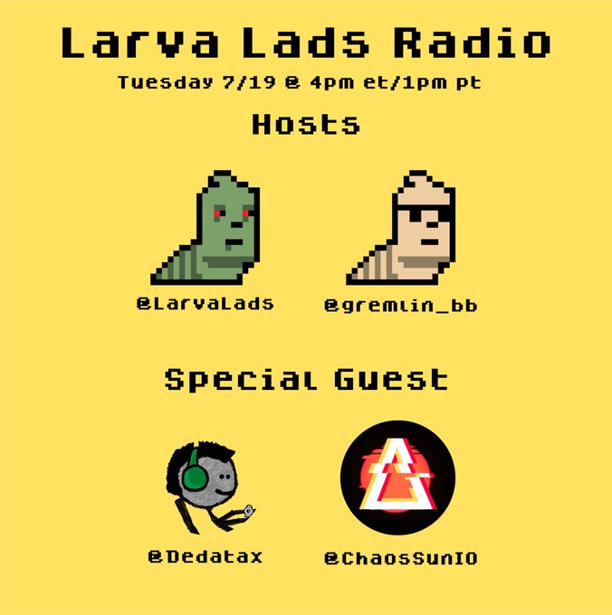ChaosSunIO's tweet photo. 🎉 We're excited to be a guest on the @larvalads Radio today 🎉 

Join in today at 4pm ET / 1pm PT to meet @dedatax and talk about Chaos Sun https://t.co/PAcsGcW8vS