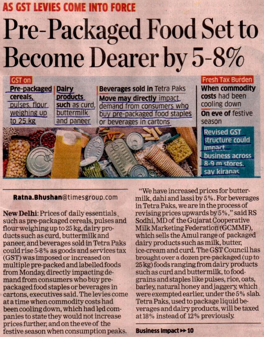 CAshubhamjain_'s tweet image. Pre-Packaged Food Set to Become Dearer by 5-8%!

1. Cereals, pulses, and flour weighing up to 25kg.
2. Dairy products such as curd, buttermilk and paneer.
3. Beverages sold in Tetra Packs.

#food #prepackaged #beverage #dairy #products #gstindia #cashubhamjain