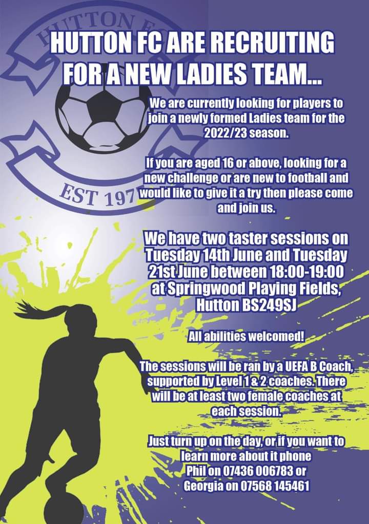 FCHutton's tweet photo. Calling all aged 16+ ladies who are looking to play football on the back of the success of the @EnglandWomen team atm.  All abilities welcome, come and join us every Tuesday at Springwood, Hutton. 
#UptheTon #huttonladies #giveitatry @westoncollege @SomersetFA @JDPThomas https://t.co/uttH1rI2Ir