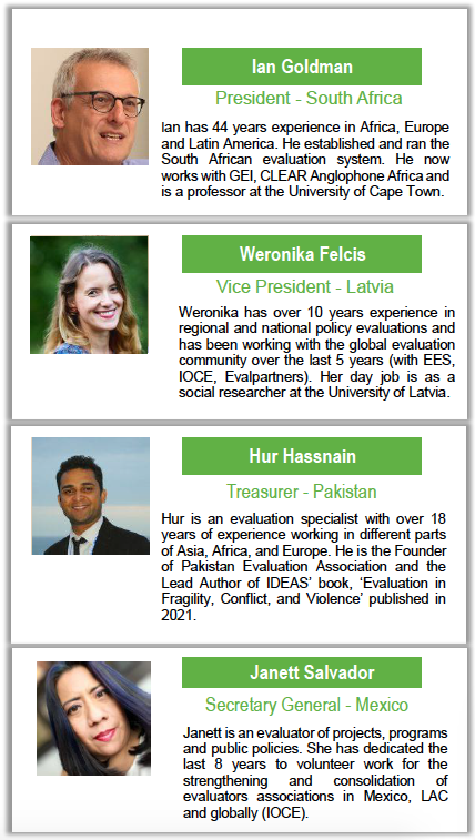 IEAc_Eval's tweet photo. A new Executive has just been appointed with @iangoldmansa as President, @WeronikaFelcis as Vice_president, @janettsalvador as Secretary General and @hurhassnain as Treasurer. Visit https://t.co/oITVPdrEEE for further information. https://t.co/ACDIQYnMmX