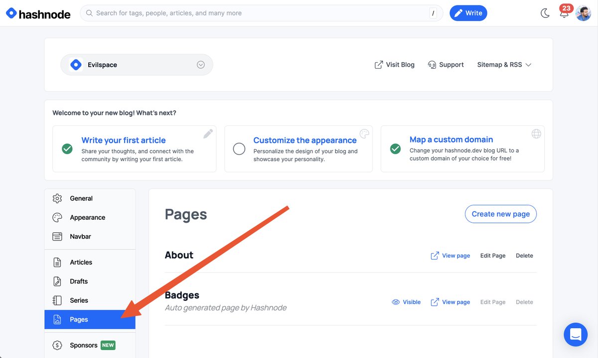 theevilhead's tweet photo. Did you know?
You can create custom pages on your @hashnode blogs.
For ex. checkout @catalinmpit's https://t.co/i3aRJzoObI and these pages also have full markdown support.

#hashnode #developer #devblogging #blogs https://t.co/eP0738S6Md