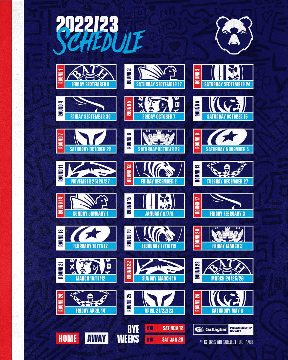 BristolBears's tweet image. 𝗟𝗼𝗰𝗸𝗲𝗱 𝗶𝗻 🔒

Our 2022/23 #GallagherPrem schedule is 𝗟𝗜𝗩𝗘! 🗓️