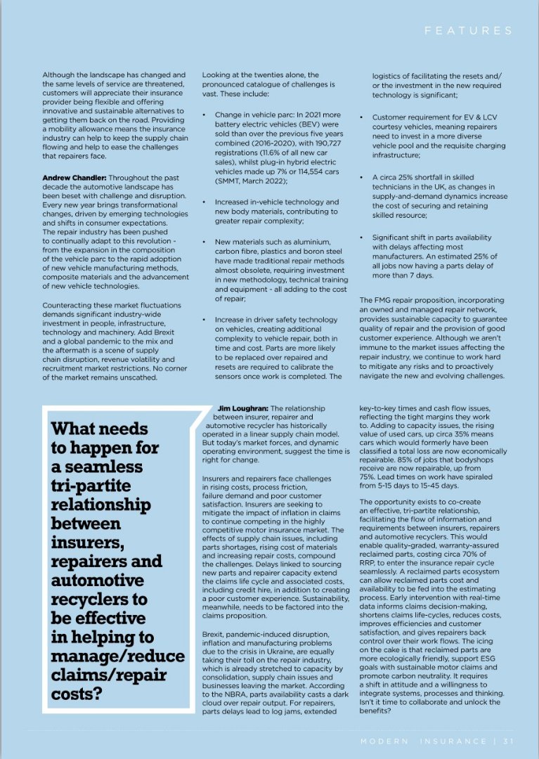 e2etotalloss's tweet photo. Our CEO, Jim Loughran, contributes to the latest discussions on the repair sector in a forum in Modern Insurance Magazine published today. #motorclaims #repaircosts #collaboration #reclaimedparts #processintegation #systemintegration #innovation https://t.co/VrPbuLitL8
