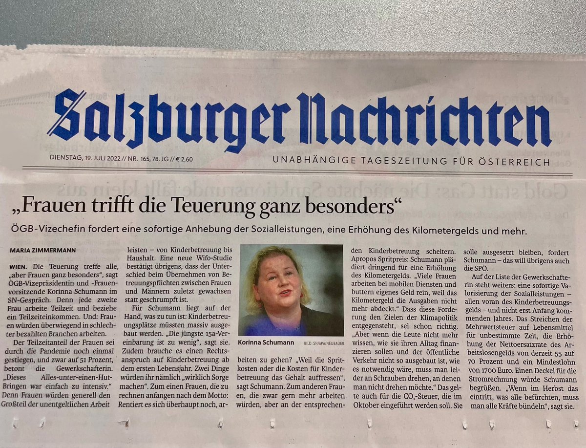 Damit Frauen vor dem Abrutschen in die Armut bewahrt werden, braucht es dringend die sofortige Anhebung der Sozialleistungen, Erhöhung des KM-Geldes und den Ausbau und Rechtsanspruch auf Kinderbetreuung ab dem 1. Lebensjahr.
Das ganze Interview (Paywall): bit.ly/3yU7YBr